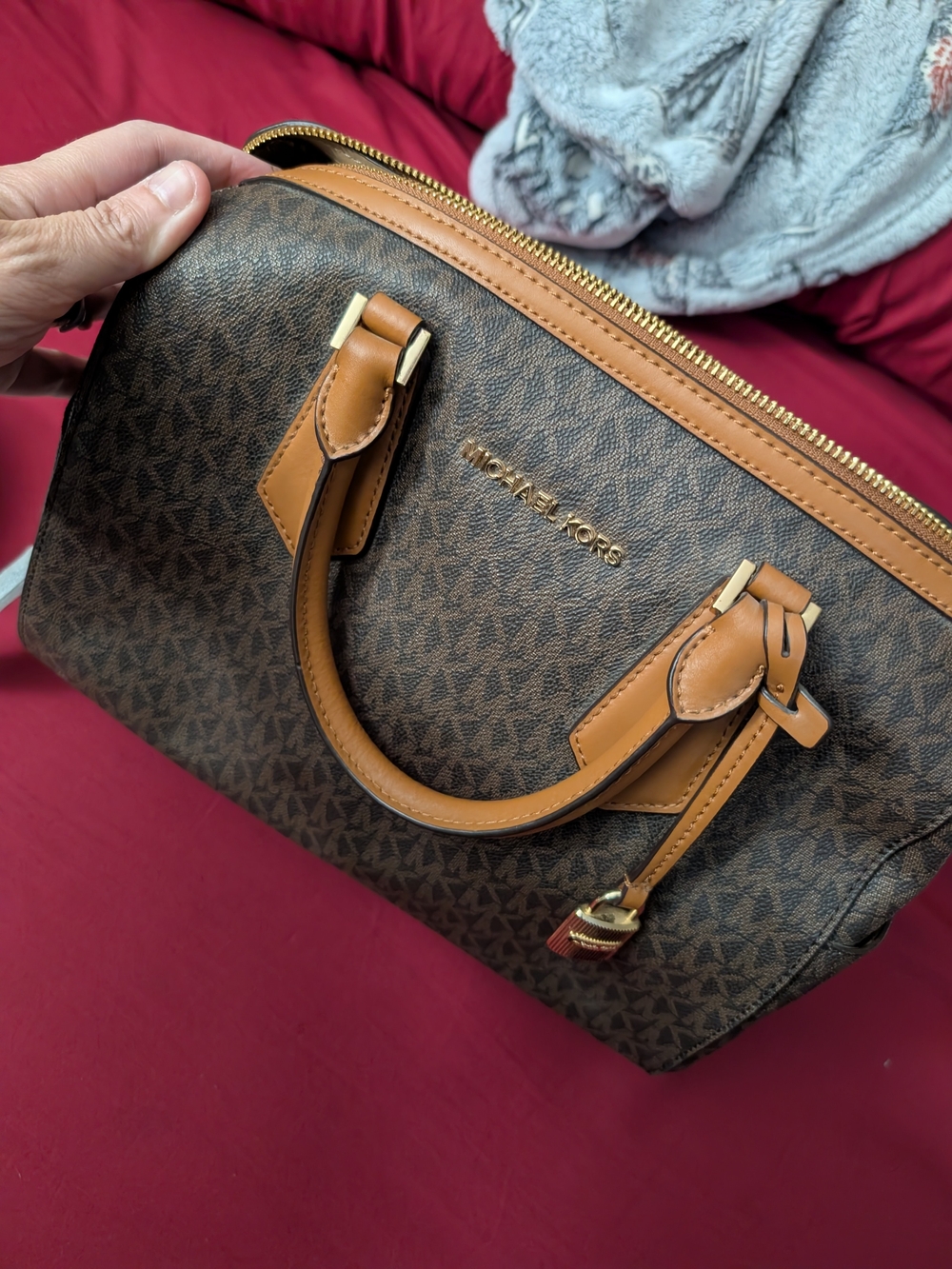 New With Tags Michael Kors Brown Logo Dome Satchel with Tan Trim